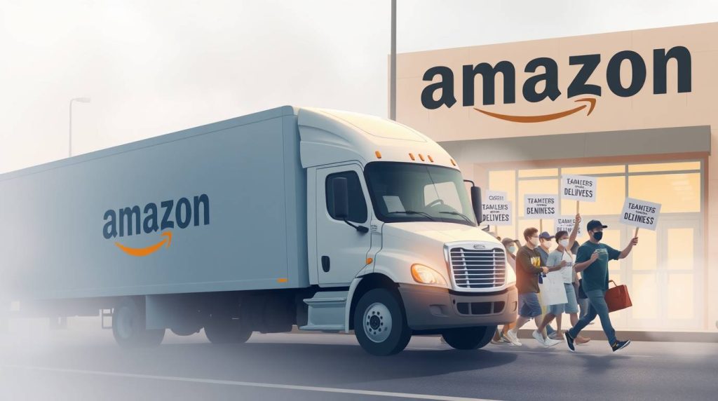 illustration An Amazon delivery truck passes people holding signs and marching during a strike by Teamsters union members at an Amazon facility. AI Gen.