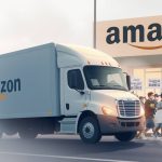 illustration An Amazon delivery truck passes people holding signs and marching during a strike by Teamsters union members at an Amazon facility. AI Gen.